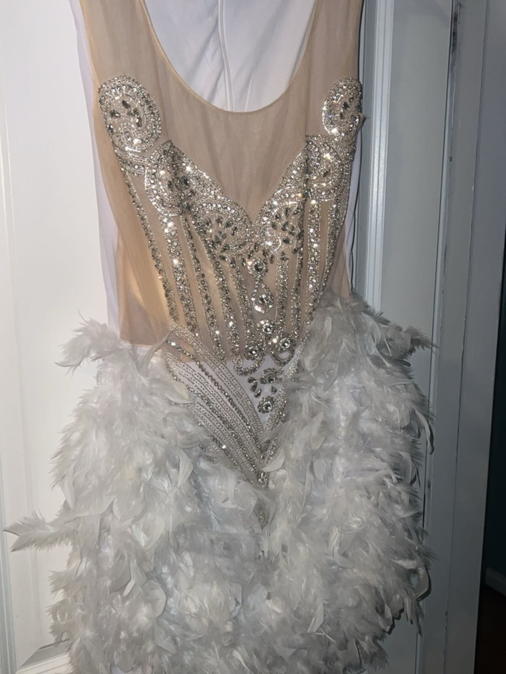 Beaded Feather Cocktail Dress in Nude and White